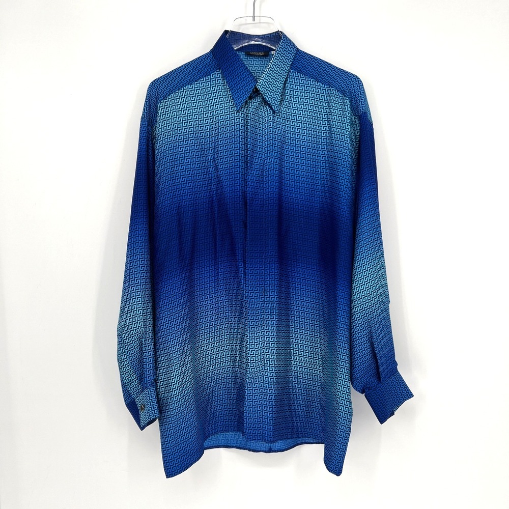 Versace Classic V2 Blue Shirt Mens M 90s Geometric Monogram Silk Ombre Designer